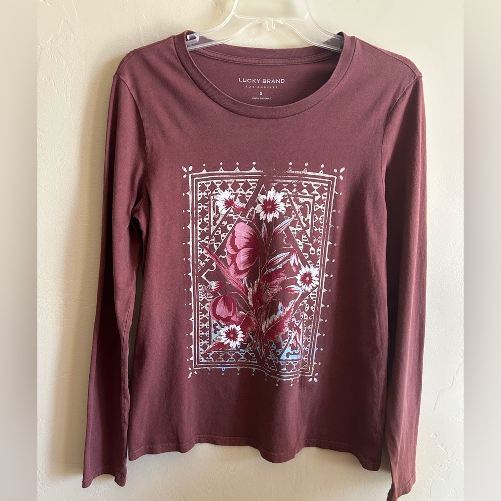 Lucky Brand Women's Brown/Burgundy Floral Long Sleeve Cotton T Shirt